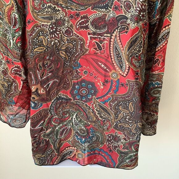 Chico’s Red Bohemian Hippie Whimsygoth Romantic Fairy Silk Paisley Blouse Size 1 - Picture 8 of 12